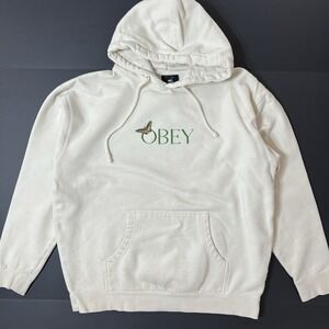 Obey Hoodie Mens XL Beige Pullover Butterfly Graphic Fleece Sweatshirt Y2K